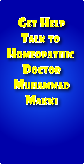 Blue background with bold yellow text 'Get Help Talk to Homeopathic Doctor Muhammad Makki'.  link to appointments page